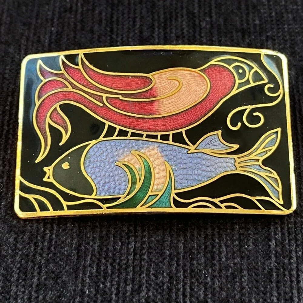 Cloisonne Pin with Bird and Fish Motif Gold Tone Setting